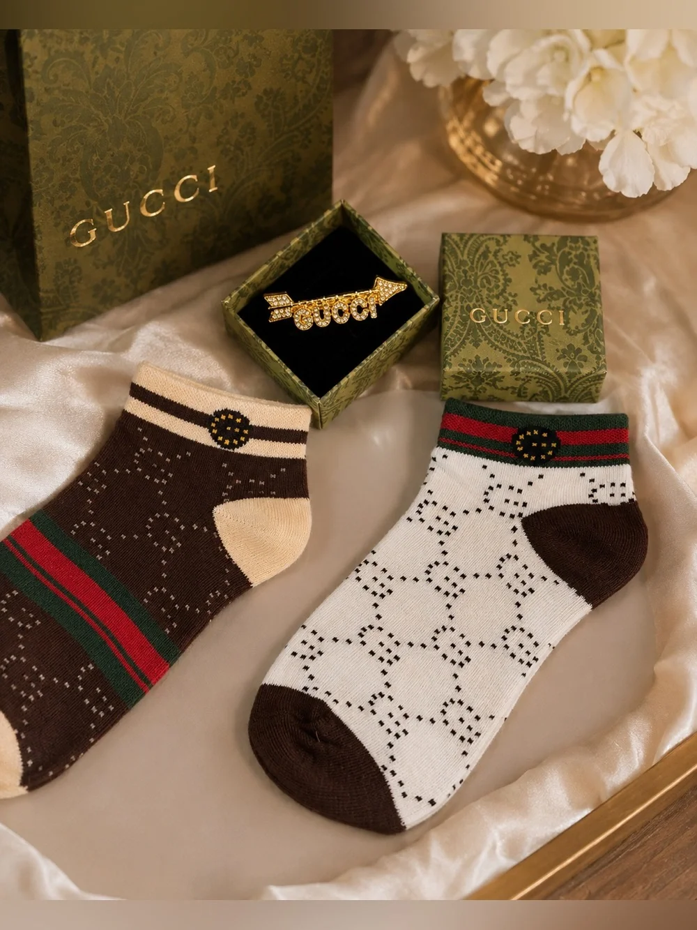 Gold Brooch and GG Designed Socks